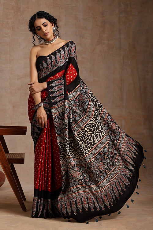 Hand Block Print With Bandhani Red Ajrakh Saree With Tassels Online
