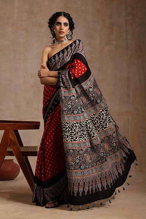Jahangir Khatri - Black & Red Ajrakh & Bandhani Modal Saree
