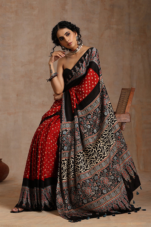 Jahangir Khatri - Black & Red Ajrakh & Bandhani Modal Saree