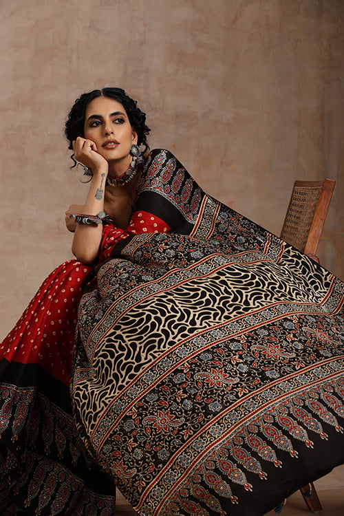Jahangir Khatri - Black & Red Ajrakh & Bandhani Modal Saree