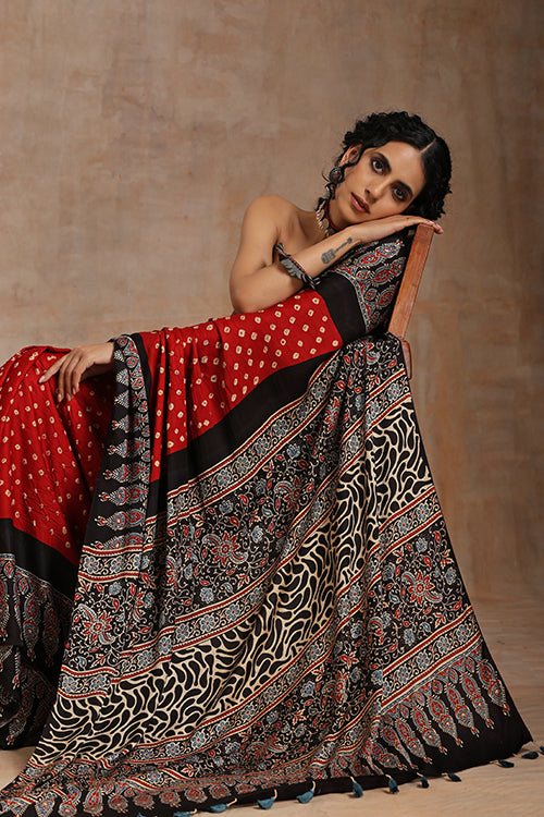 Jahangir Khatri - Black & Red Ajrakh & Bandhani Modal Saree