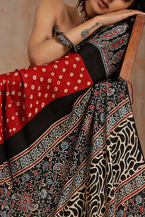 Jahangir Khatri - Black & Red Ajrakh & Bandhani Modal Saree