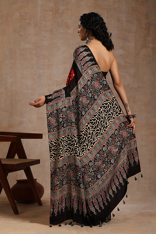 Jahangir Khatri - Black & Red Ajrakh & Bandhani Modal Saree