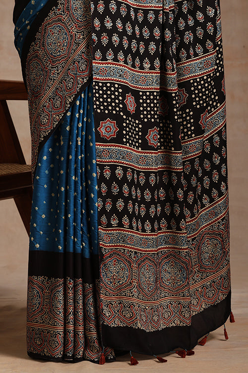 Hand Block Print With Bandhani Black Ajrakh Saree With Tassels Online