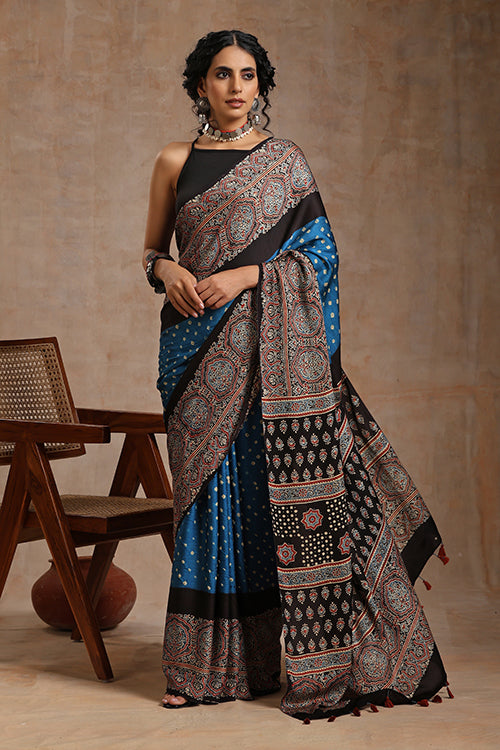 Hand Block Print With Bandhani Black Ajrakh Saree With Tassels Online