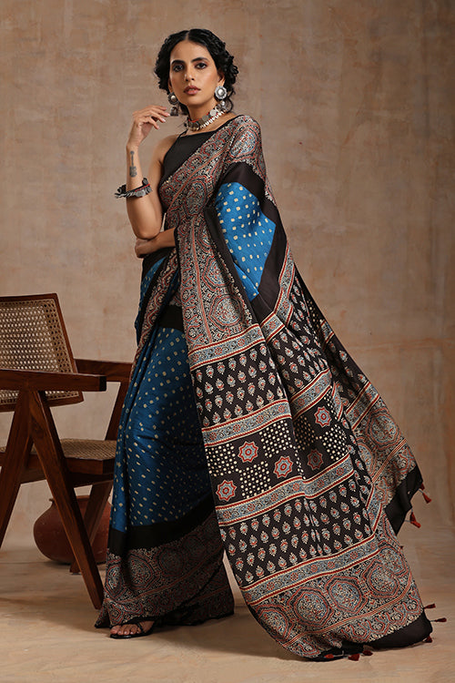 Jahangir Khatri - Black & Sky Blue Ajrakh & Bandhani Modal Saree
