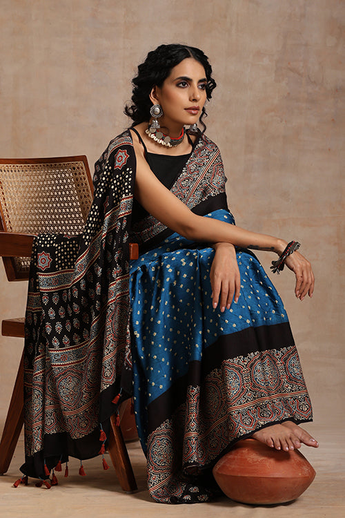 Jahangir Khatri - Black & Sky Blue Ajrakh & Bandhani Modal Saree
