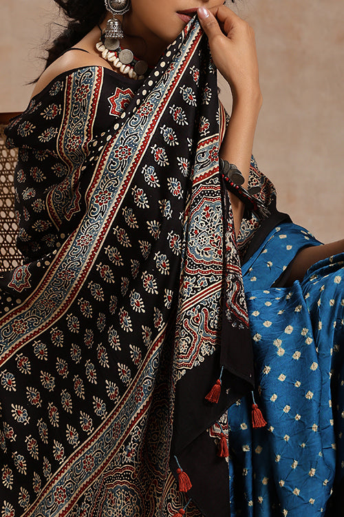 Jahangir Khatri - Black & Sky Blue Ajrakh & Bandhani Modal Saree
