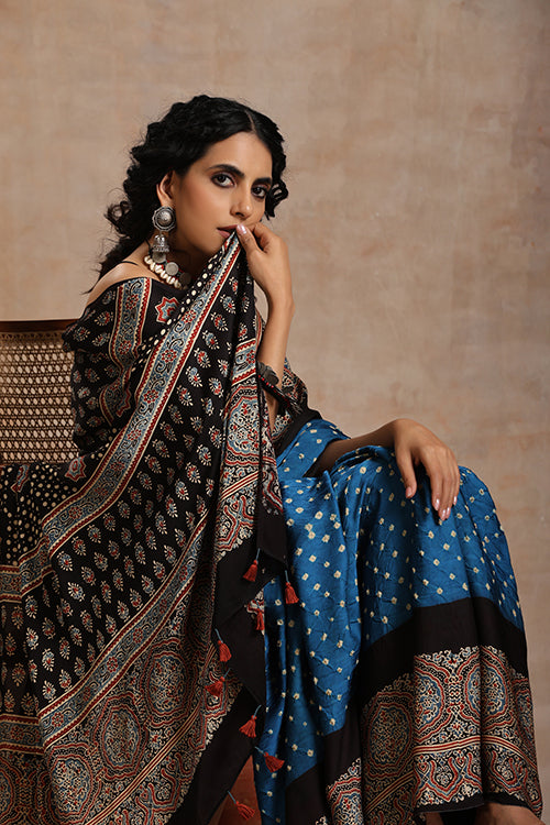 Jahangir Khatri - Black & Sky Blue Ajrakh & Bandhani Modal Saree