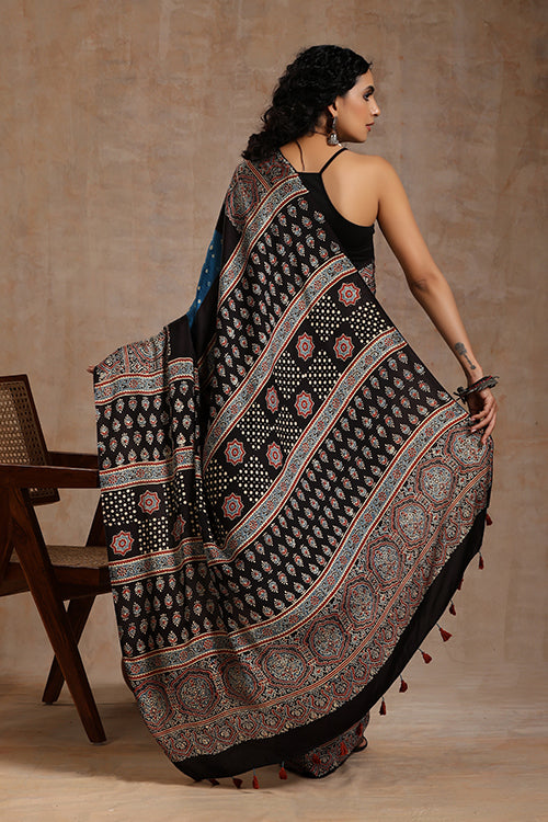 Jahangir Khatri - Black & Sky Blue Ajrakh & Bandhani Modal Saree