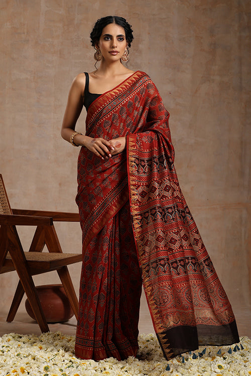 Tenaaro Ajrakh Hand Block Printed Chanderi With Maheshwari Border Saree