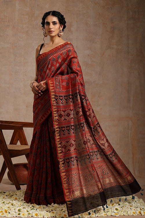 Riyaz Khatri Red Ajrakh Hand Block Print Chanderi Saree Online