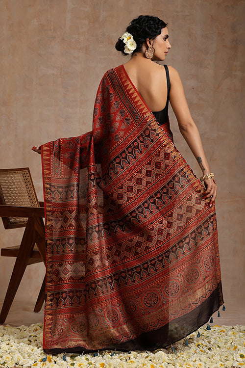 Tenaaro Ajrakh Hand Block Printed Chanderi With Maheshwari Border Saree