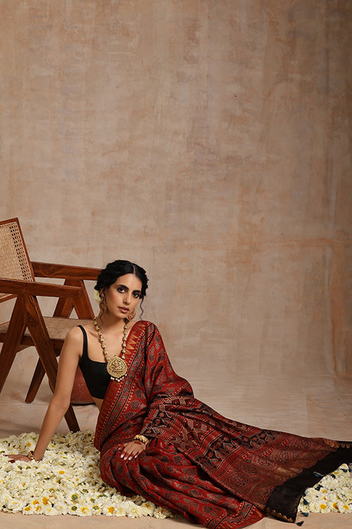 Tenaaro Ajrakh Hand Block Printed Chanderi With Maheshwari Border Saree