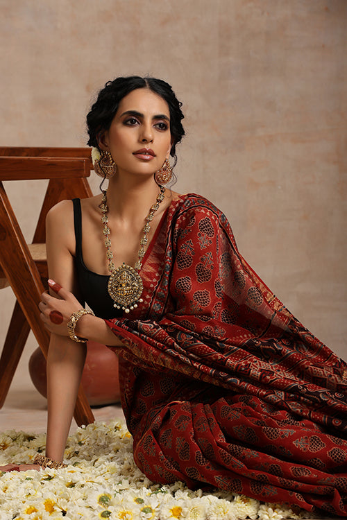 Tenaaro Ajrakh Hand Block Printed Chanderi With Maheshwari Border Saree