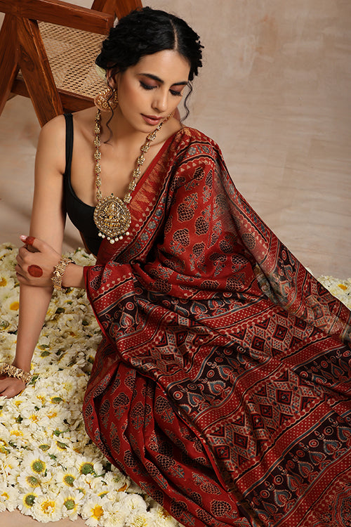 Tenaaro Ajrakh Hand Block Printed Chanderi With Maheshwari Border Saree
