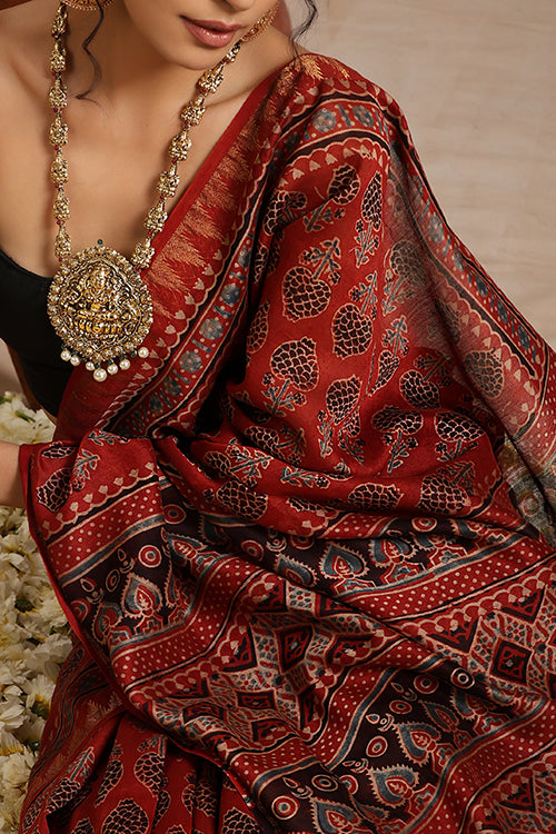 Riyaz Khatri Red Ajrakh Hand Block Print Chanderi Saree Online