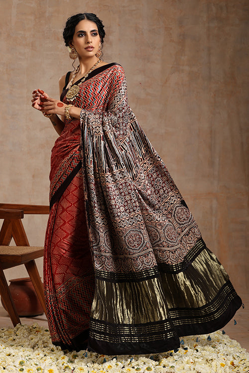 Tenaaro Ajrakh Hand Block Printed Modal Tissue Pallu  Saree