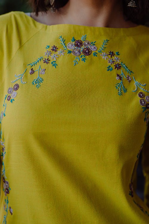 Surya Yellow Hand Embroidered Pure Cotton Kurta For Women Online