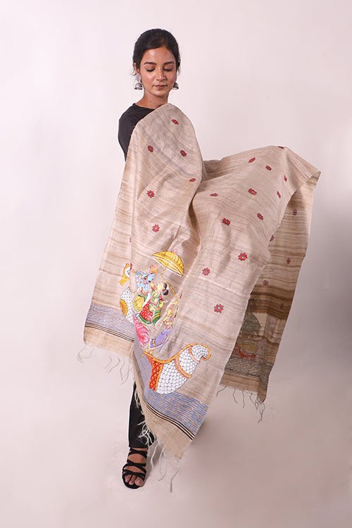 Diorama Designs Pattachitra Handpainted Tussar Silk "Krishna Leela" Dupatta
