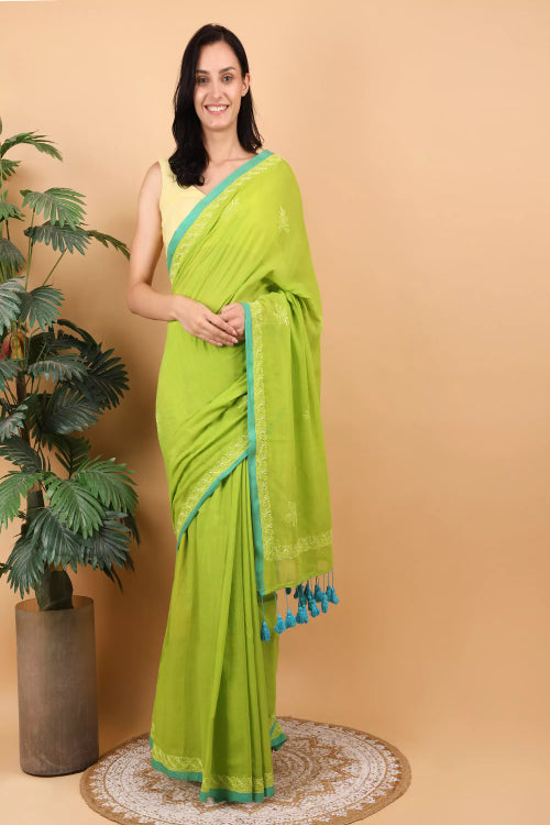 Shwet Women Parrot Green Hand Embroidered Chikankari Mulmul Saree