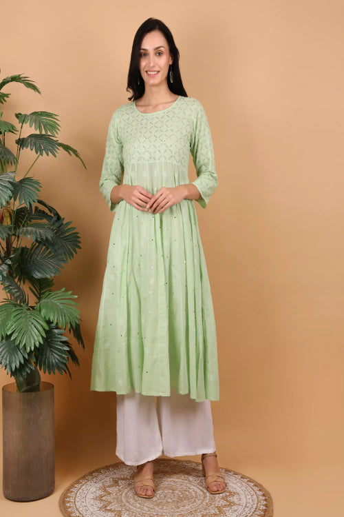 Shwet Women Pista Green Hand Embroidered Chikankari Kali kurti