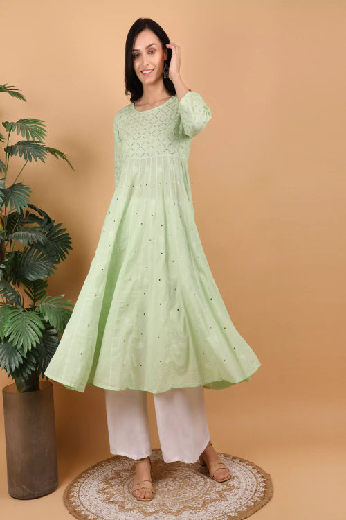 Shwet Women Pista Green Hand Embroidered Chikankari Kali kurti