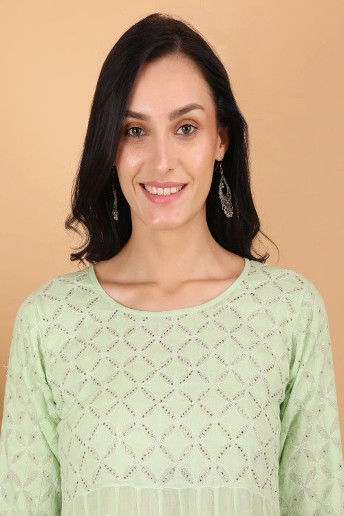 Shwet Women Pista Green Hand Embroidered Chikankari Kali kurti