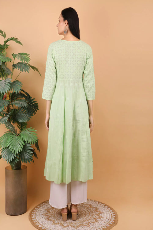Shwet Women Pista Green Hand Embroidered Chikankari Kali kurti