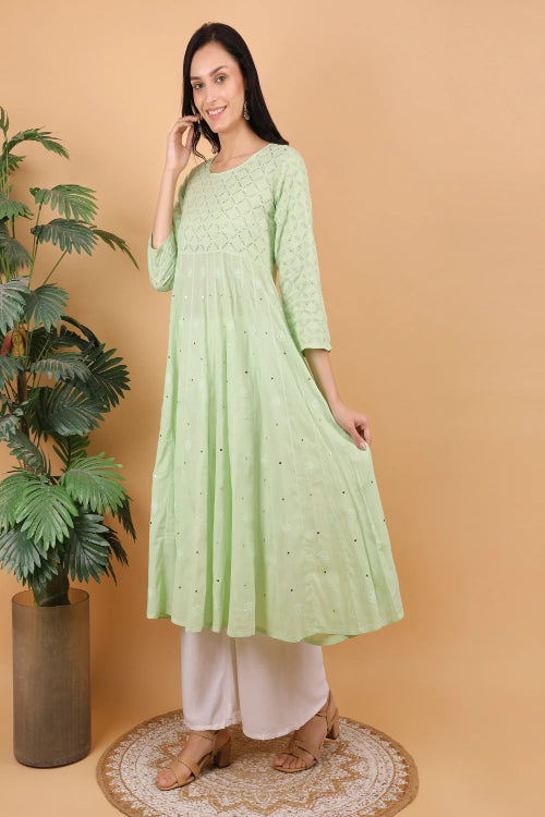 Shwet Women Pista Green Hand Embroidered Chikankari Kali kurti