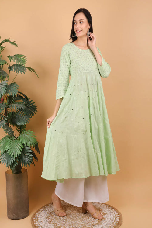 Shwet Women Pista Green Hand Embroidered Chikankari Kali kurti