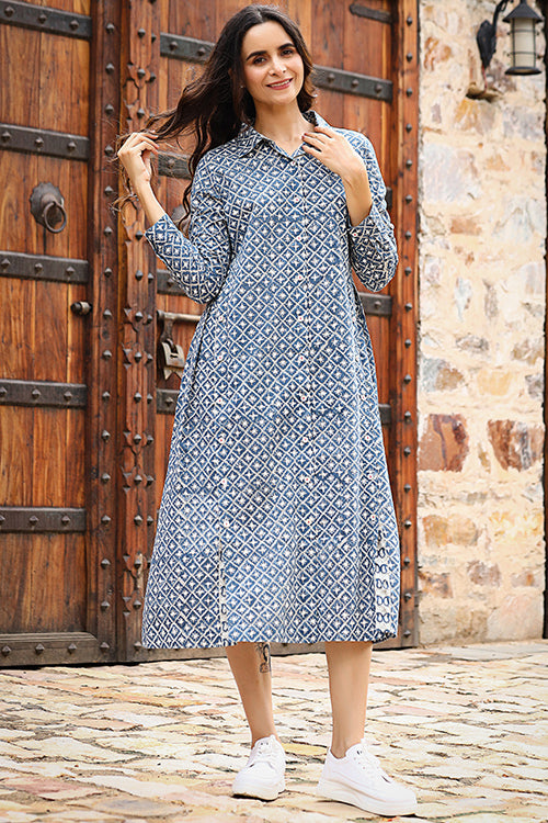 Dharan "Blue Vibes Jaal Tunic" Blue Block Printed Top
