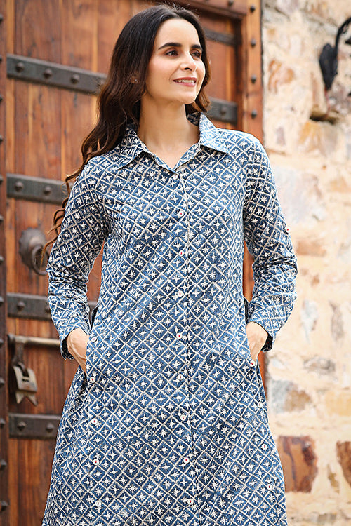 Dharan "Blue Vibes Jaal Tunic" Blue Block Printed Top