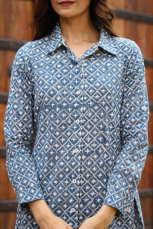 Dharan "Blue Vibes Jaal Tunic" Blue Block Printed Top