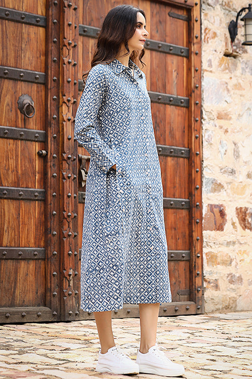 Dharan "Blue Vibes Jaal Tunic" Blue Block Printed Top