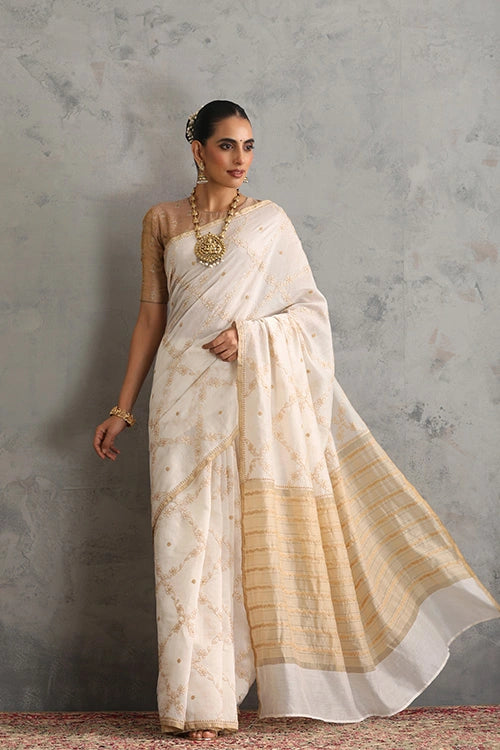 Shwet Women Hand Embroidered Chikankari Off-White Chanderi Saree