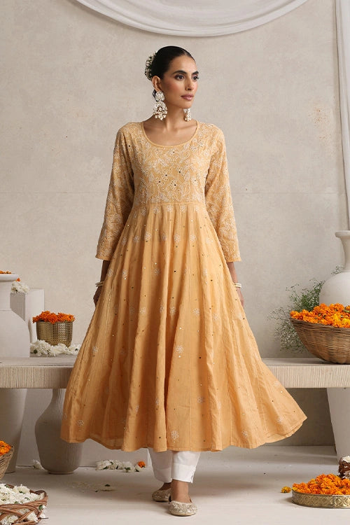 Shwet Hand Embroidered Chikankari Cotton Mukaish Embellished Beige Kali Kurta