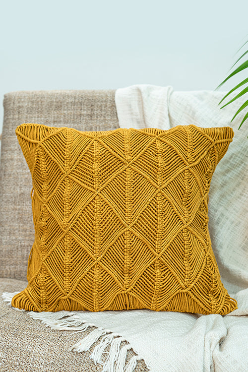 108Knots Cross Knot Hand-Knotted Cushion Cover (Single Pc)-Mustard Yellow