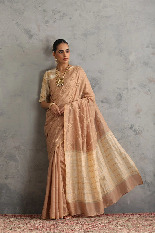 Shwet Women Hand Embroidered Chikankari Beige Chanderi Saree