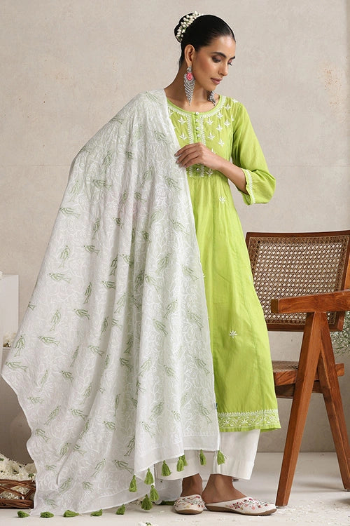 Shwet Hand Embroidered Chikankari White & Green Mulmul Dupatta