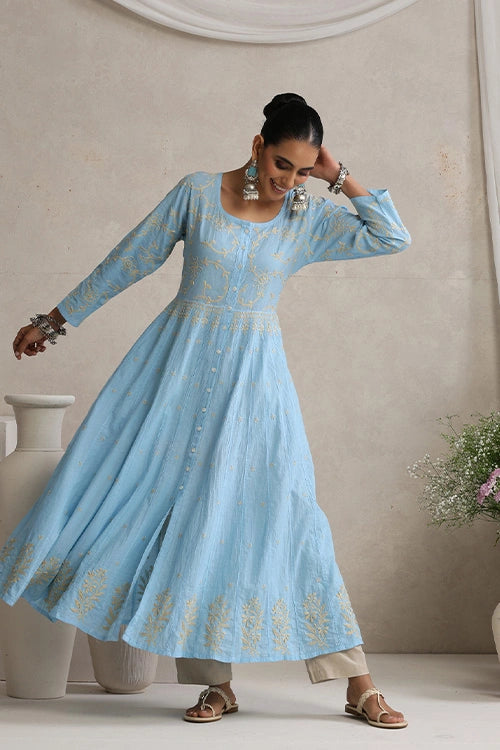 Shwet Hand Embroidered Chikankari Blue Cotton Kali Kurta