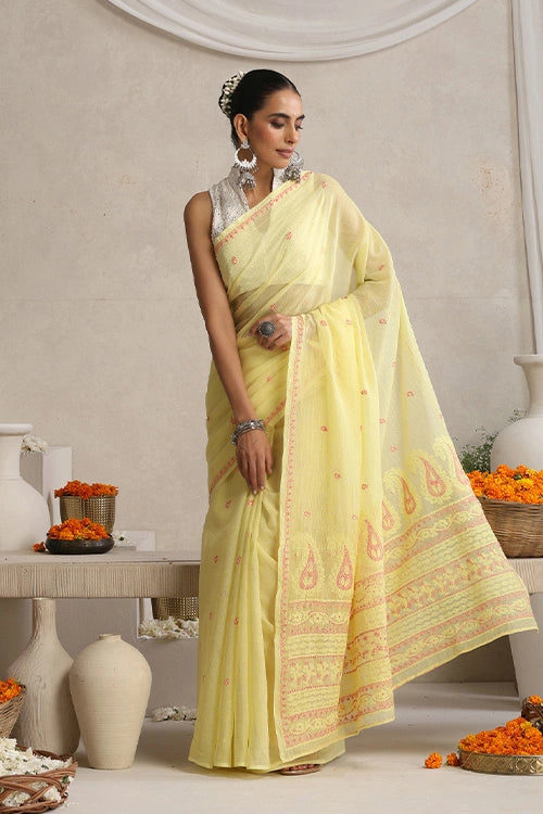 Shwet "Pastle Hues" Yellow Chikankari Kota Cotton Silk Saree 