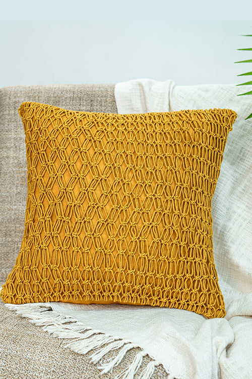 108Knots Criss Cross Dense Hand-Knotted Cushion Cover (Single Pc)-Mustard Yellow