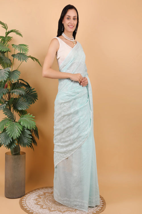 Shwet Women Hand Embroidered Sea Blue Kota Cotton Chikankari Saree
