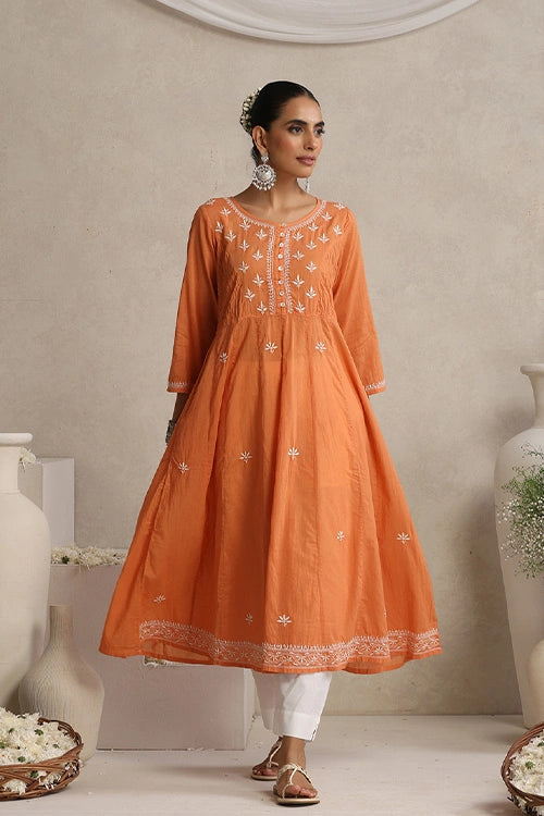 Shwet Hand Embroidered Chikankari Cotton Burnt Orange Pintex Kali Kurta