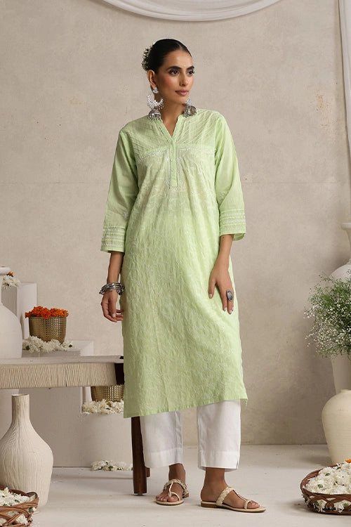 Shwet Hand Embroidered Chikankari Cotton Green Pintex Kurta