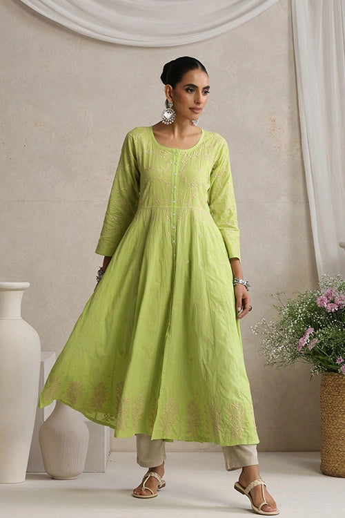 Shwet Hand Embroidered Chikankari Cotton Green Kali Kurta