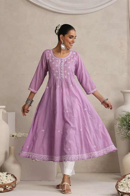 Shwet Hand Embroidered Chikankari Cotton Mauve Pintex Kali Kurta