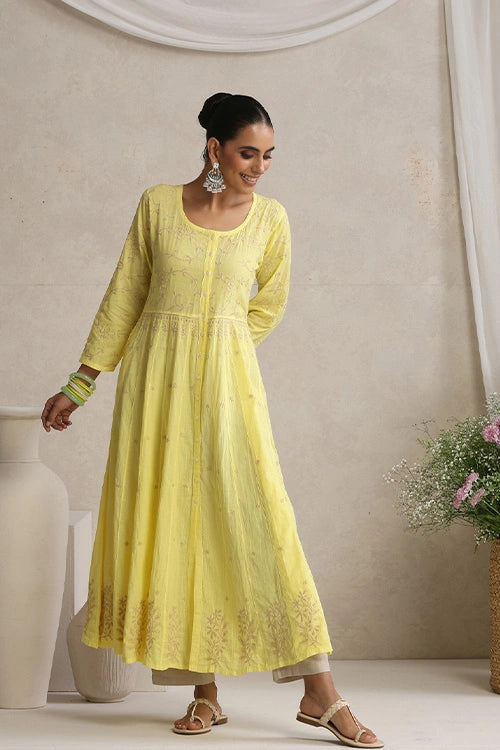 Shwet Hand Embroidered Chikankari Cotton Yellow Kali Kurta
