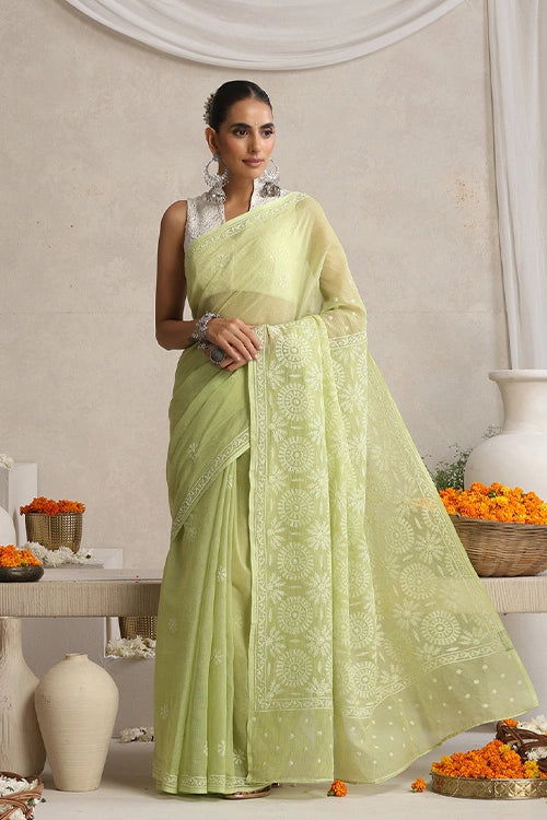 Shwet Women Hand Embroidered Light Green Kota Cotton Silk Chikankari Saree